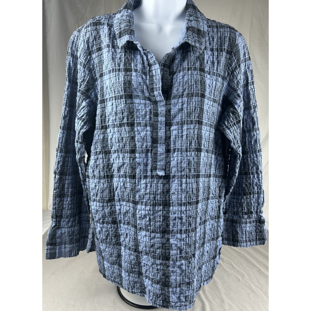 Habit Crinkle Plaid Shirt Women's Blue/Dark Blue Lagenlook Crinkled Tunic Large
